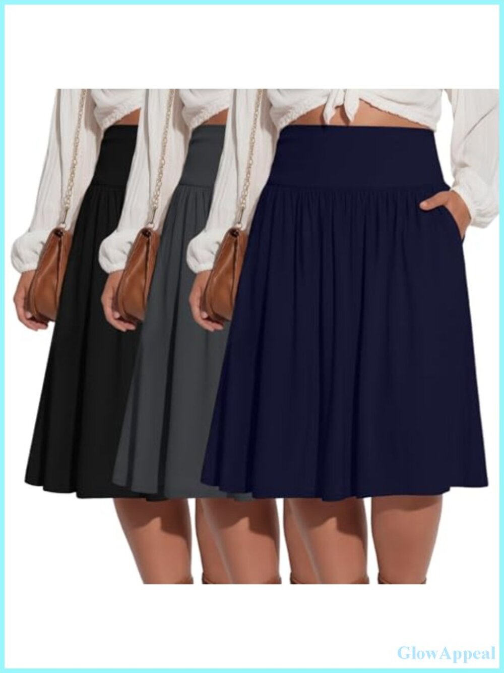Plus Size A-Line Midi Skirts 3 Pack Pleated Flared Side Pockets